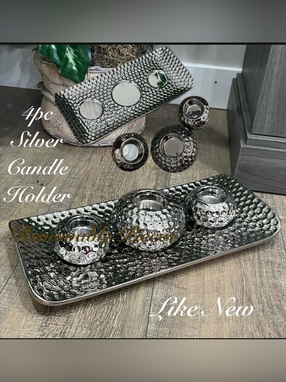4pcs Silver Coated Ceramic Set  ~ 3 Candle Holders w/1-Tray  EUC Unique Piece